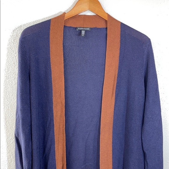 Eileen Fisher Colorblock Minimal Classic Tencel Silk Long Open Sweater Cardigan - Picture 1 of 13